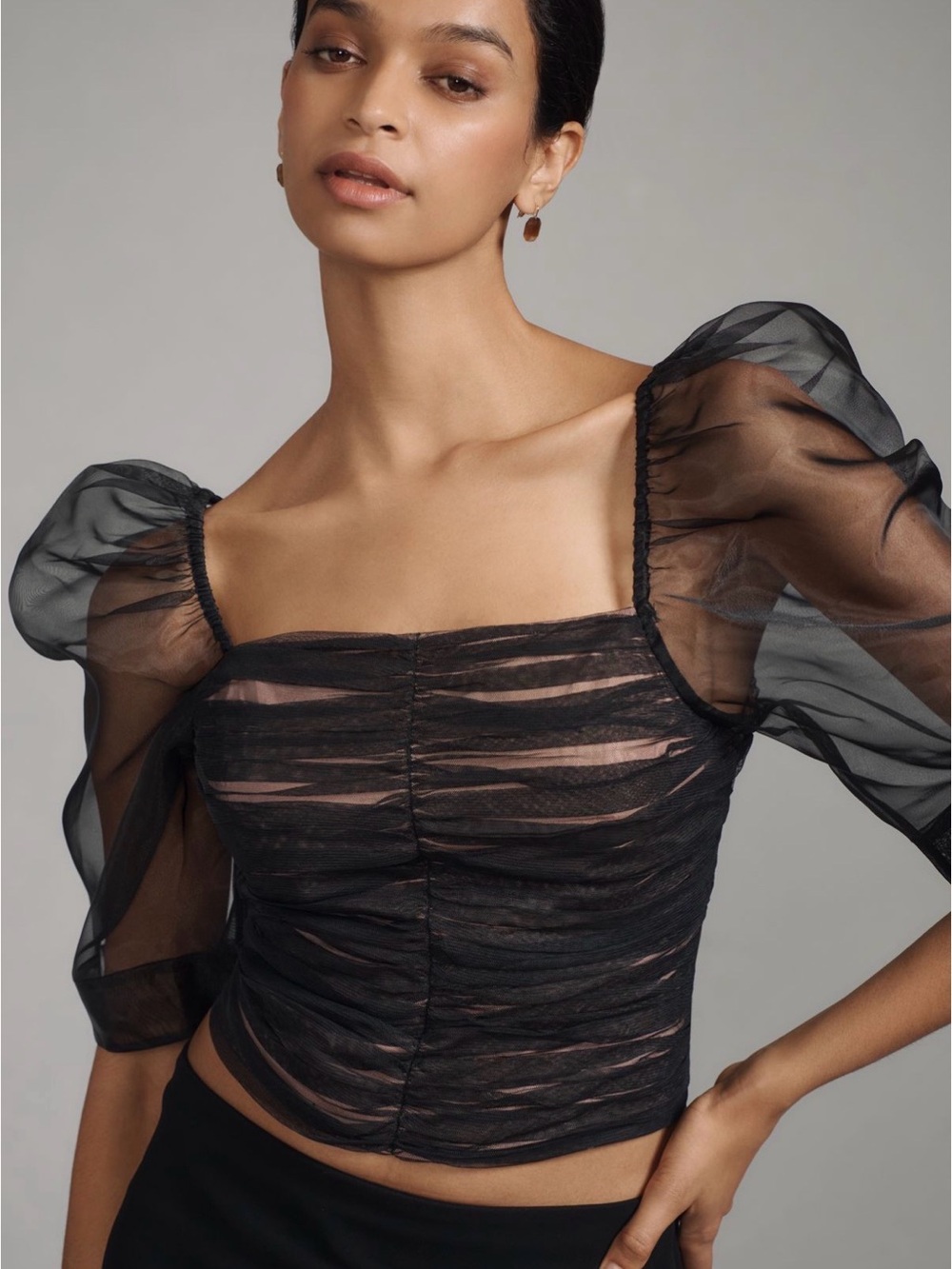 Maeve Black Sheer Ruched Puff-Sleeve Square Neck Top
